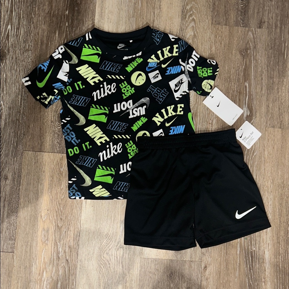 NEW Nike Black Tee and Shorts with Green and Blue Accents